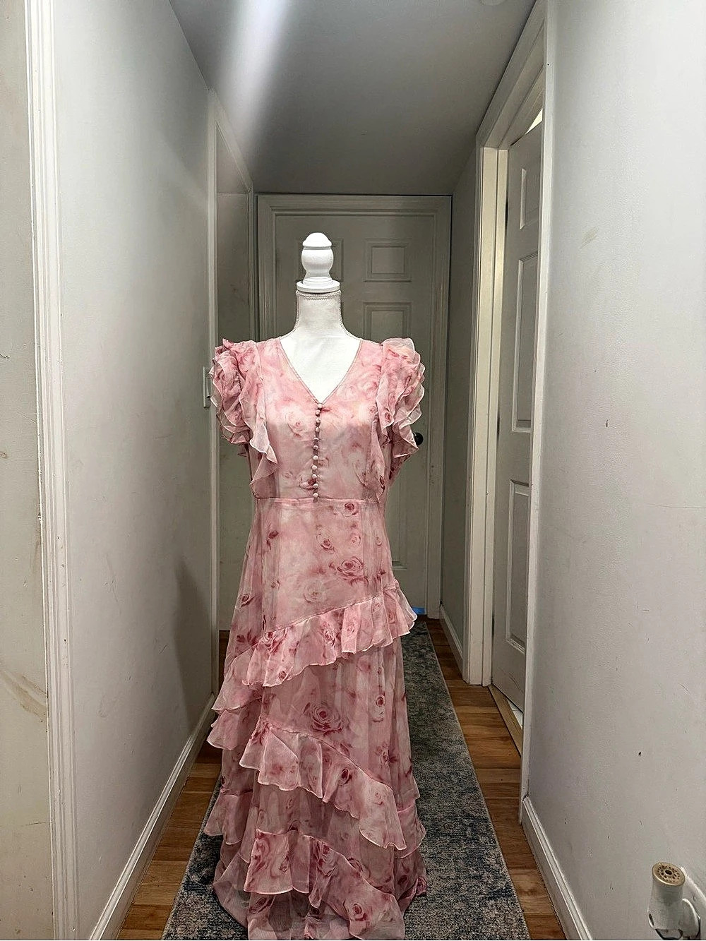 Pink Floral Ruffle Maxi Dress Like New